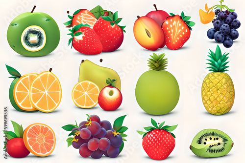 A set of exotic fruits and berries   strawberry  plum  pear  pineapple  kiwi  grape  orange   with green leaves isolated on a white background. Generative AI.