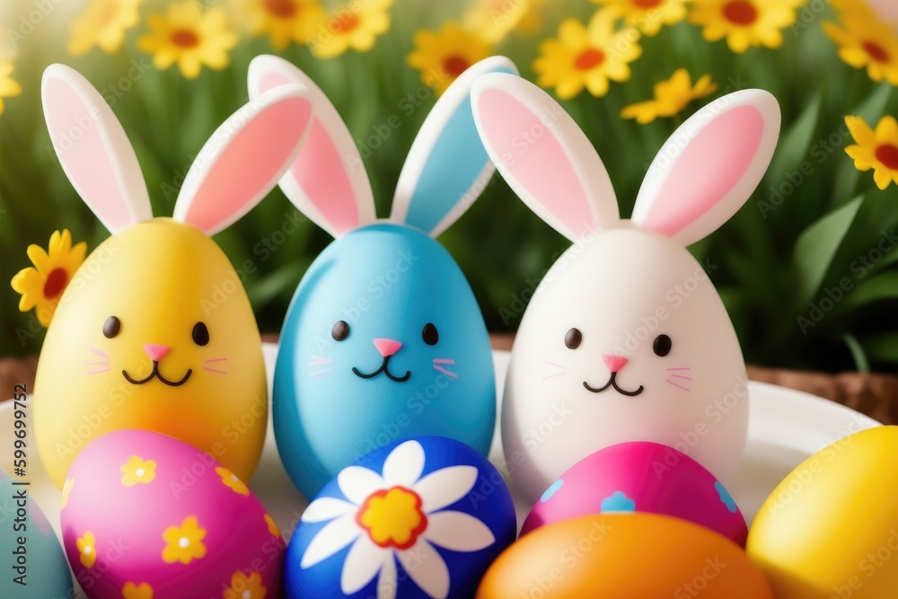 Colorful Easter eggs with cute little rabbit ears, holiday celebration, generative ai, pastelle color background Colorful Easter eggs with cute little rabbit ears, holiday celebration, generative ai, pastelle color background