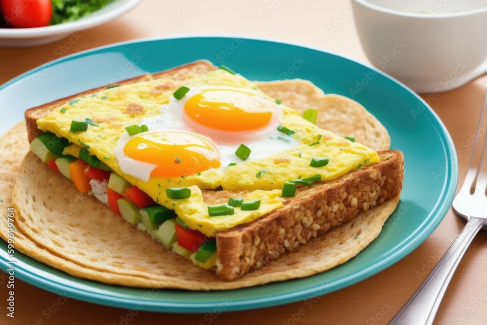 Fried omelette with vegetables on a plate on old wooden background, generative ai, colorful omelette chopped fresh parsley. Breakfast recipe with eggs. Closeup Fried omelette with vegetables on a plate on old wooden background, generative ai, colorful omelette chopped fresh parsley. Breakfast recipe with eggs. Closeup
