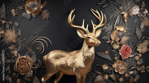 Canvastavla Elegant Luxury Golden and Black Deer Animal with Seamless Floral and Flowers with Leaves background