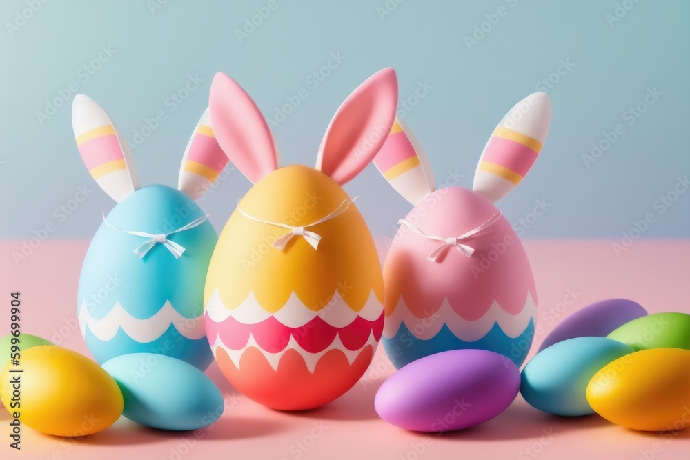 Colorful Easter eggs with cute little rabbit ears, holiday celebration, generative ai, pastelle color background Colorful Easter eggs with cute little rabbit ears, holiday celebration, generative ai, pastelle color background