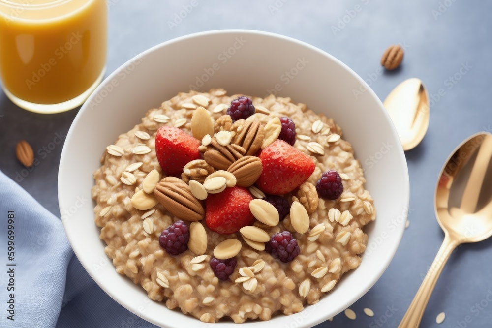 Homemade oatmeal with berries and nuts, rasty and healthy food, generative ai, solid background with copyspace Homemade oatmeal with berries and nuts, rasty and healthy food, generative ai, solid background with copyspace