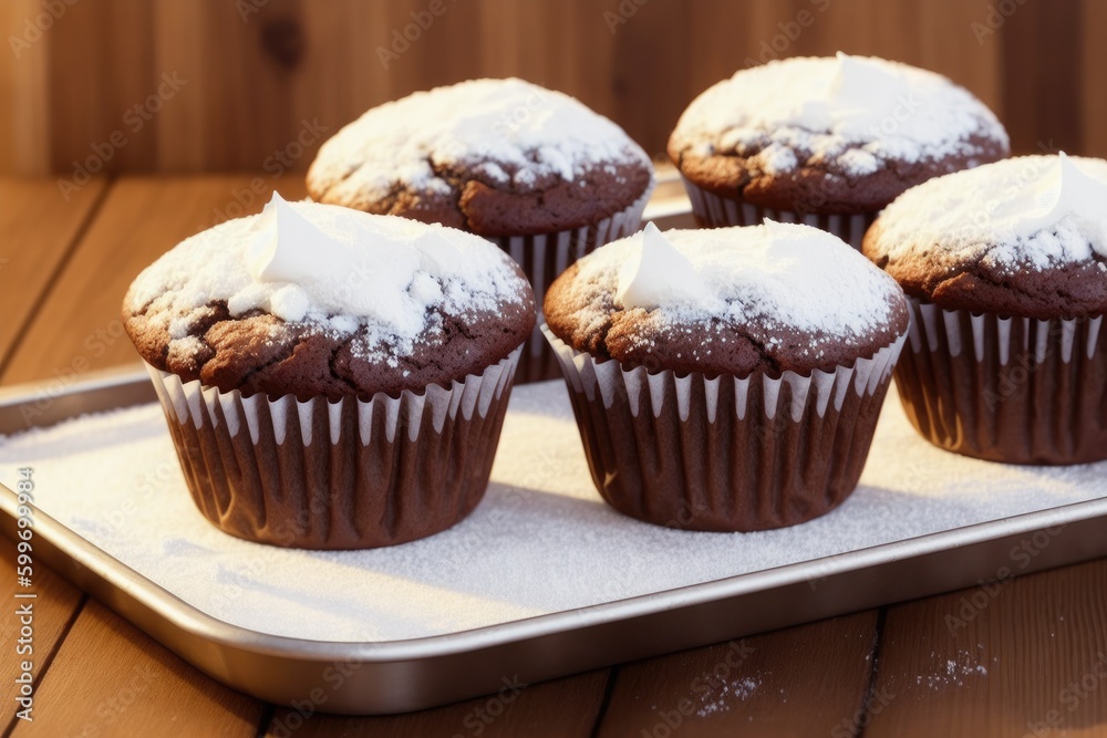 Delicious chocolate muffins with sugar powder, on dark background, generative ai, selective focus