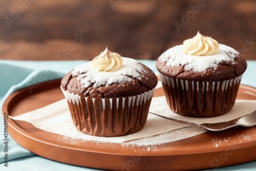 Delicious chocolate muffins with sugar powder, on dark background, generative ai, selective focus