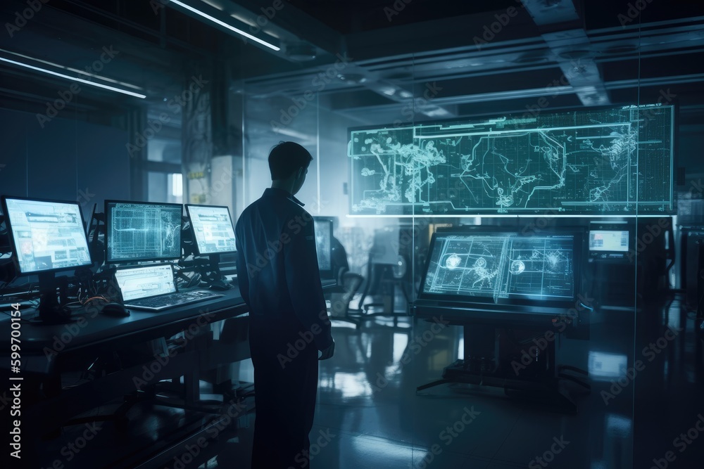 Person Standing in front of Futuristic Desk in a High-Tech Factory, Generative AI Person Standing in front of Futuristic Desk in a High-Tech Factory, Generative AI