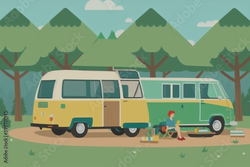 Modern new Camping Van cartoon painting, parking at the forest in beautiful, generative ai, authentic nature