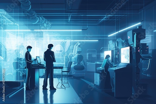 Person Standing in front of Futuristic Desk in a High-Tech Factory, Generative AI