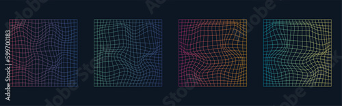 Set of distorted holographic pearly neon mesh.Retrowave, synthwave, rave, vaporwave.Trendy retro 1980s, 90s style