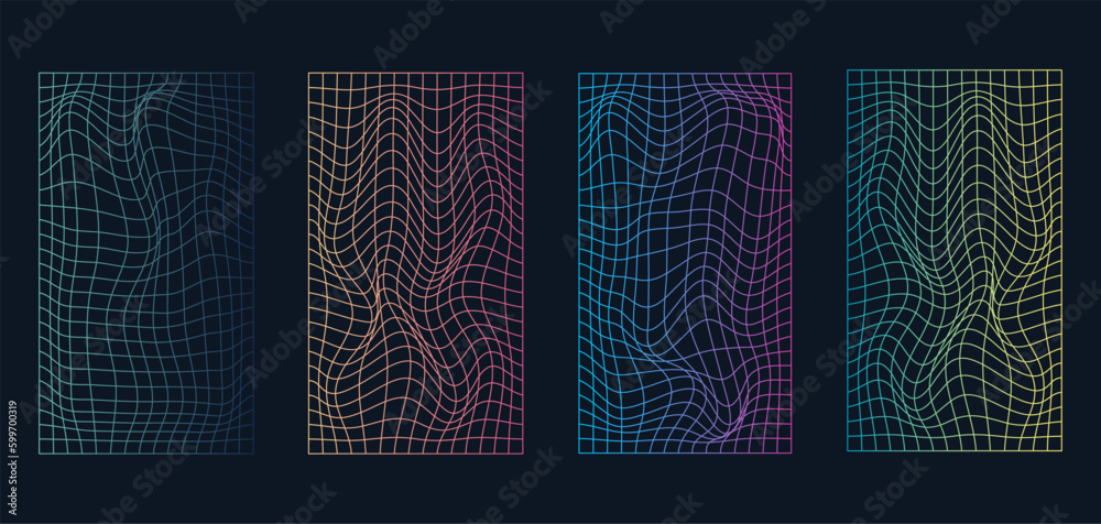 Set of distorted holographic pearly neon mesh.Retrowave, synthwave, rave, vaporwave.Trendy retro 1980s, 90s style - obrazy, fototapety, plakaty 