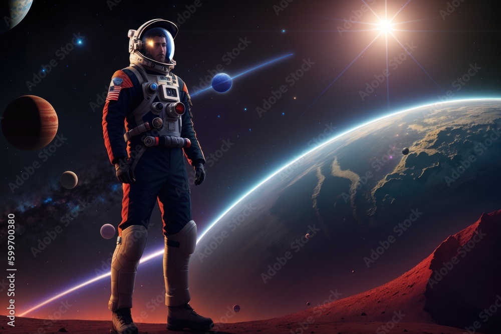 Astronaut in space suit walking on an unexplored planet, generative ai