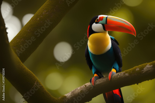 Toucan tropical exotic bird from the rainforest on the branch of a tree surrounded by greenery, generative ai