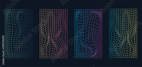 Set of distorted holographic pearly neon mesh.Retrowave, synthwave, rave, vaporwave.Trendy retro 1980s, 90s style
