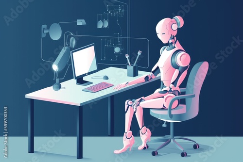 Productive Daily Tasks with AI Assistance, Futuristic work with robot, Generative AI