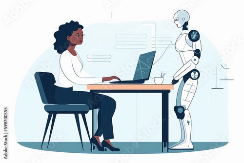Productive Daily Tasks with AI Assistance, Futuristic work with robot, Generative AI