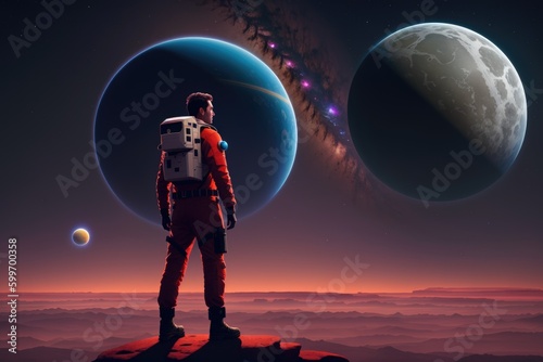 Astronaut in space suit walking on an unexplored planet, generative ai