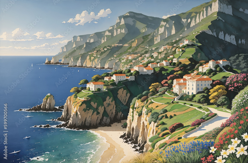 Φωτογραφία Watercolor painting of Italian seaside village house painting