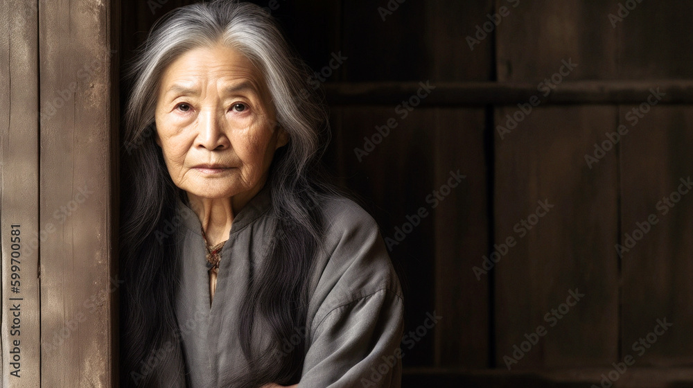 In Front Of A Rustic Door, A 70-year-old Chinese Woman, Tired And Worn ...