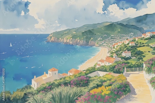 Watercolor painting of Italian seaside village house painting. landscape painting with building, house,roof,rock,cliff,blue water, and sunny day. generative ai