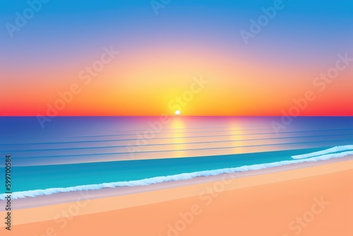 Summer background  minimalist illustration of the evening beach at sunset with waves  clouds  generative ai  seaside view poster