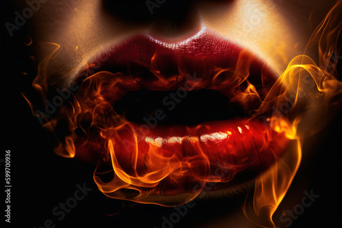 Woman lips in flame fire, passion, love and sex on dark background, generative ai.