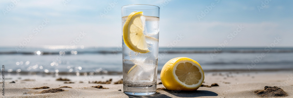 Cold drink with ice and a slice of lemon on the beach on a hot summer ...