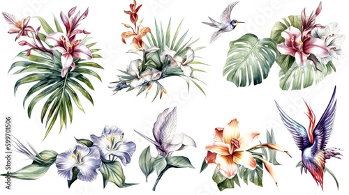 A botanical illustration featuring watercolor tropical plants was created - generative ai.