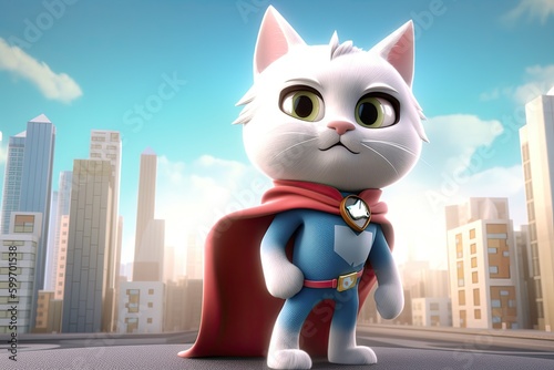 Cute Cartoon Cat Superhero with a City Background
