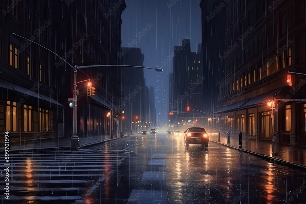 car driving through a dark, rainy city street at night Generative AI