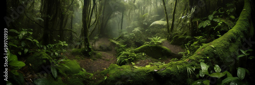 Dense rainforest with lush green foliage, generative ai