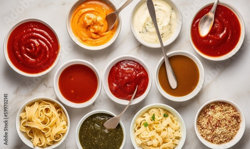 Wallpaper Mural  a variety of sauces and sauces in small bowls.  generative ai Torontodigital.ca