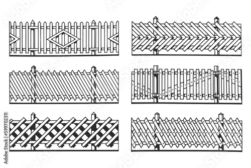 Hand drawn ink illustration of wooden fences. Sketch vector drawing.