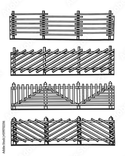 Hand drawn ink illustration of wooden fences. Sketch vector drawing.