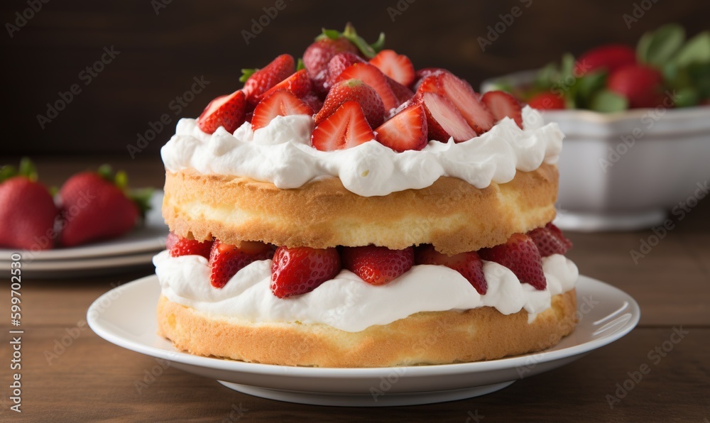 a cake with strawberries on top of it on a plate. generative ai a cake with strawberries on top of it on a plate. generative ai