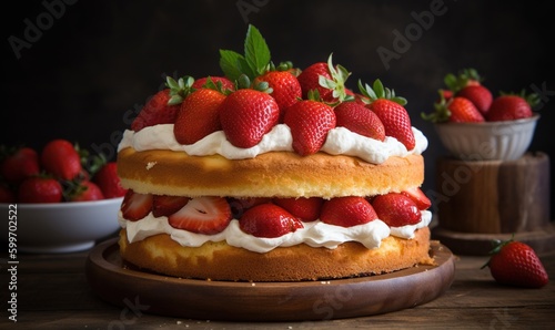  a cake with strawberries on top of it on a table. generative ai