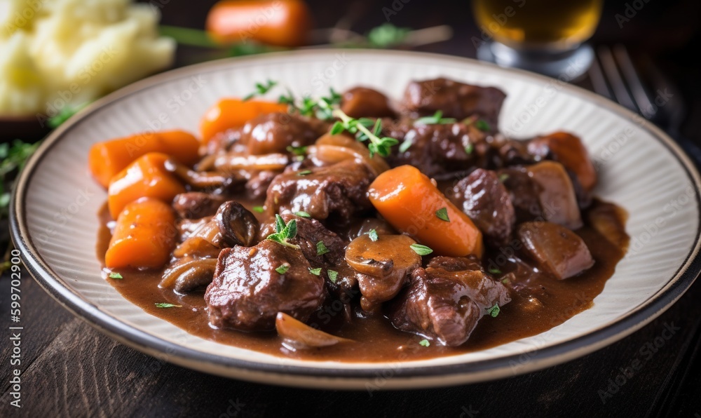 a white plate topped with meat and carrots covered in gravy. generative ai a white plate topped with meat and carrots covered in gravy. generative ai