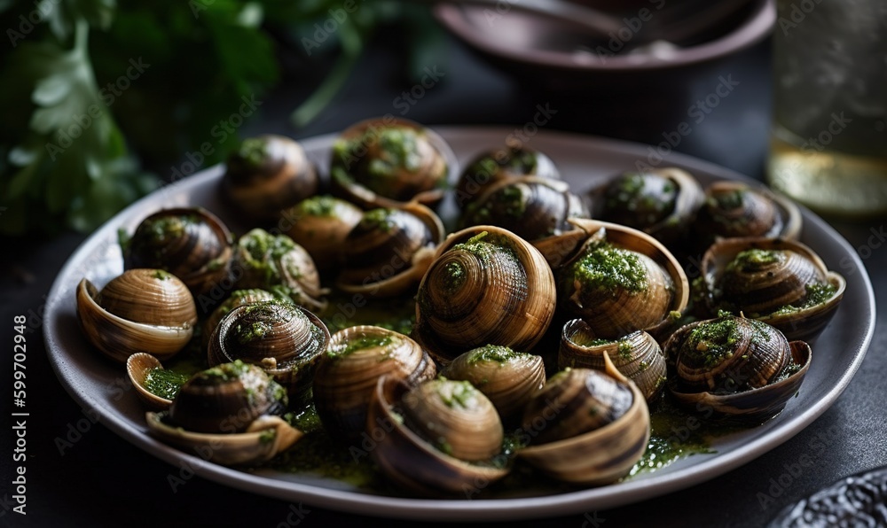a plate of snails with pesto on top of it. generative ai a plate of snails with pesto on top of it. generative ai