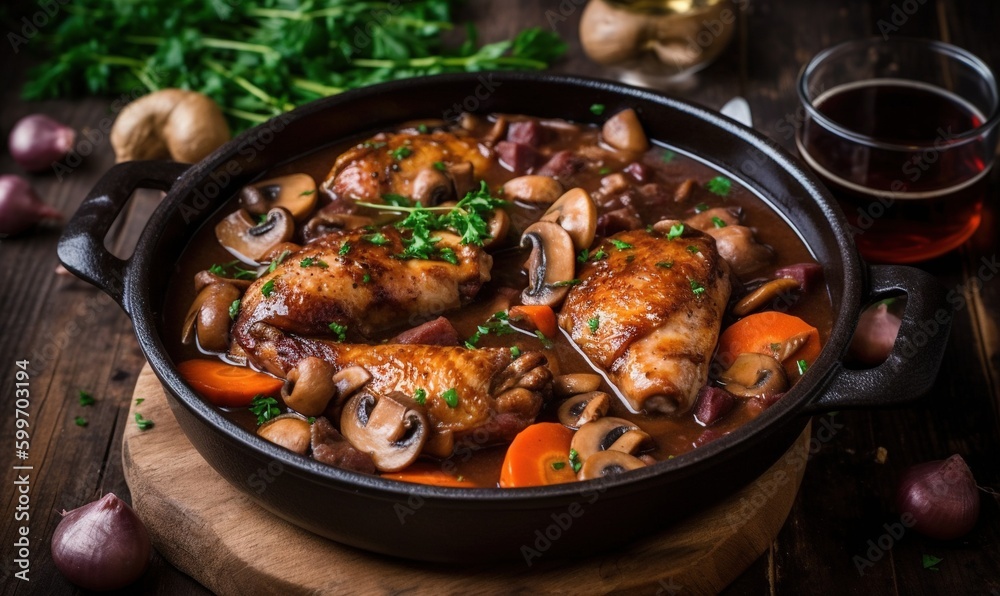  a pan of chicken with mushrooms and carrots on a cutting board.  generative ai