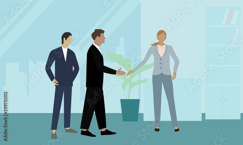 Meeting Receptionist of the of the girl of two male partners.
Worker at Reception Desk. Office Work. Administrator Giving Advice to Visitor, Consulting Client. Banking, Service Center. Staff Character