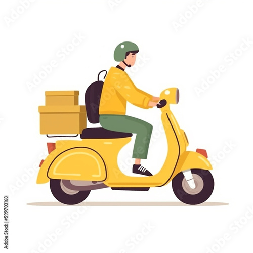 Delivery man on yellow scooter with box white isolated background  Generative AI