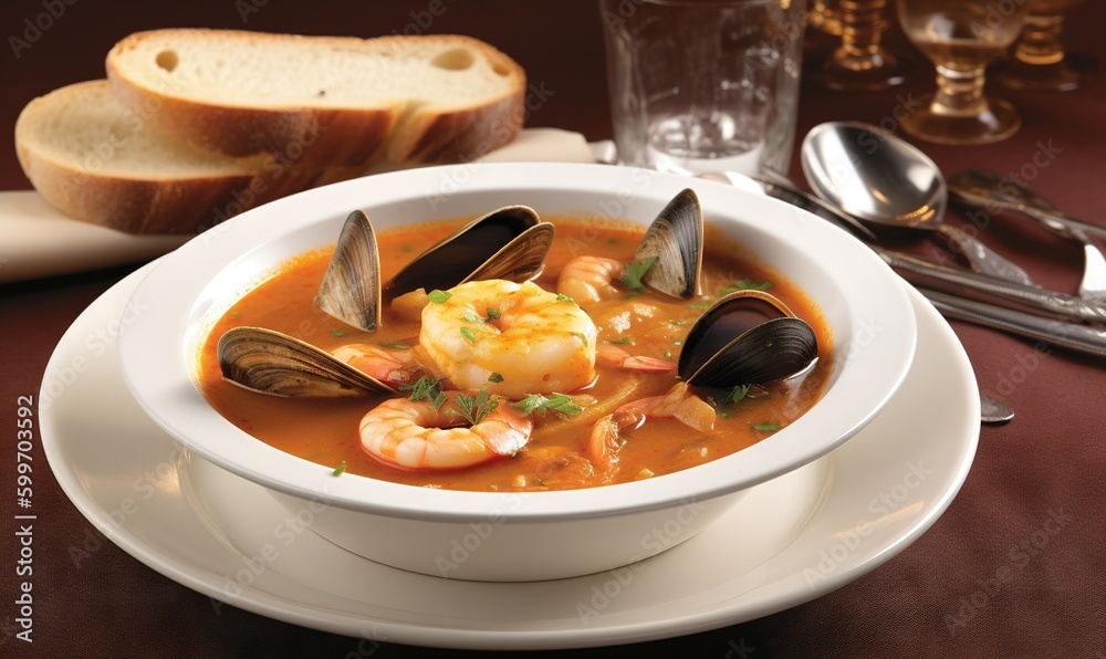a bowl of seafood soup with bread on the side on a table. generative ai a bowl of seafood soup with bread on the side on a table. generative ai
