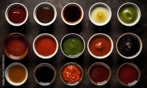  a variety of sauces in white bowls on a table.  generative ai photo
