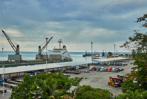 Bulk Carrier  ship at industrial commercial port in import export, Port Moín, Costa Rica, boat business commerce logistic and transportation of international freith