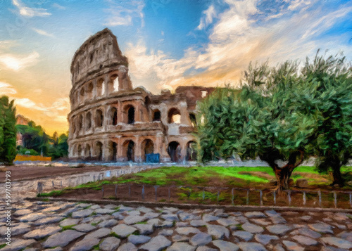 Rome, Italy - Sunset behind the Colosseum - Creative illustration, vintage impressionistic design.
