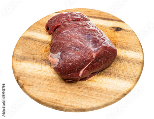 raw beef shoulder clod on wooden cutting board isolated on white background
