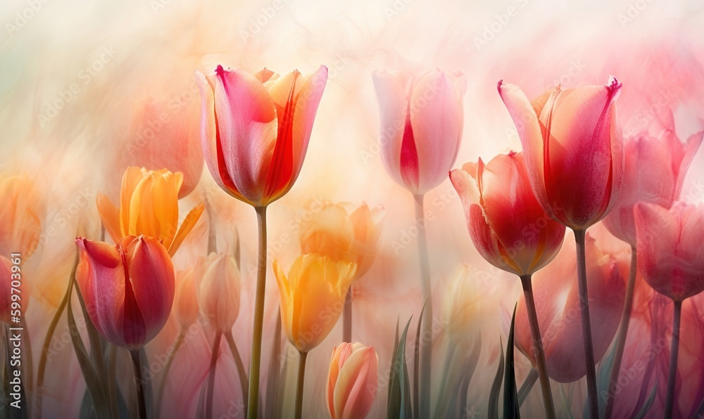  a group of pink and yellow tulips in a field.  generative ai