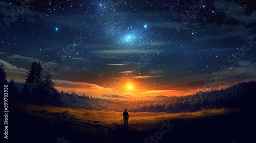 person standing alone, a night sky