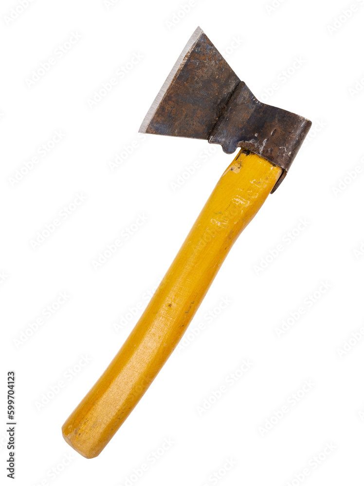 small riveted camping ax on wooden handle with sharp edge of blade isolated on white background small riveted camping ax on wooden handle with sharp edge of blade isolated on white background