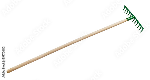 Fotografia side view of steel rake with tines downwards with wooden handle isolated on whit
