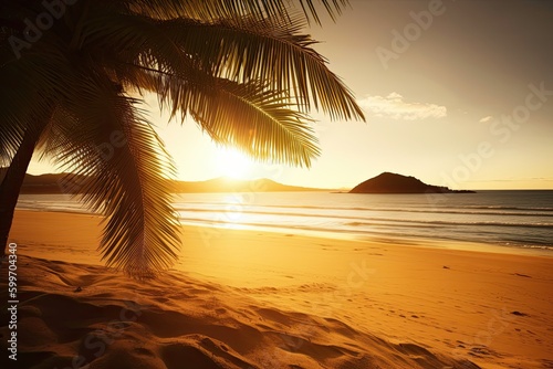 Serene Sandy Beach with a Majestic Palm Tree Generative AI