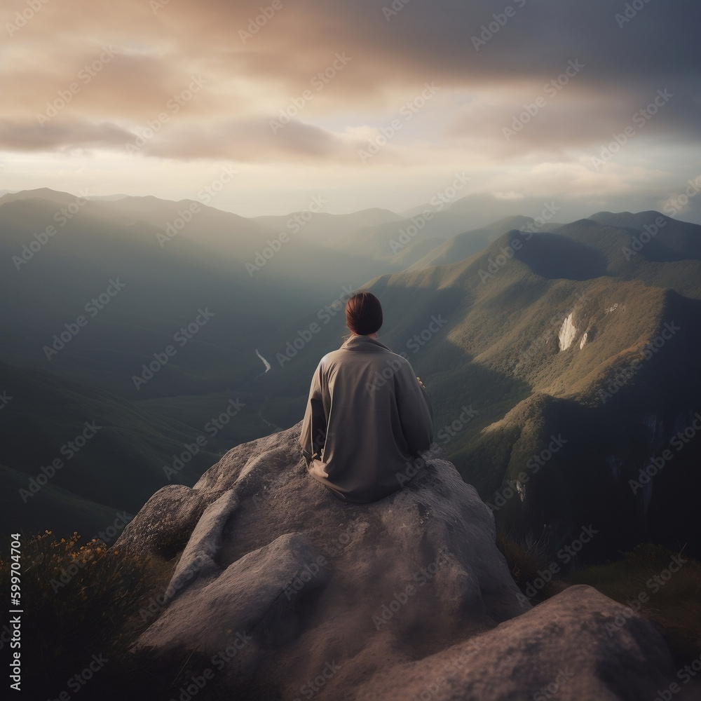 Fototapeta premium person sitting on top of the mountain